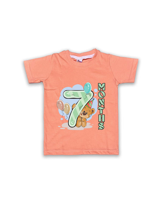 Newborn Half-Sleeve Peach Tees - 7 Months Milestone Tees with Party Bear & Balloons Design - Soft Cotton Baby Tees NPT0190