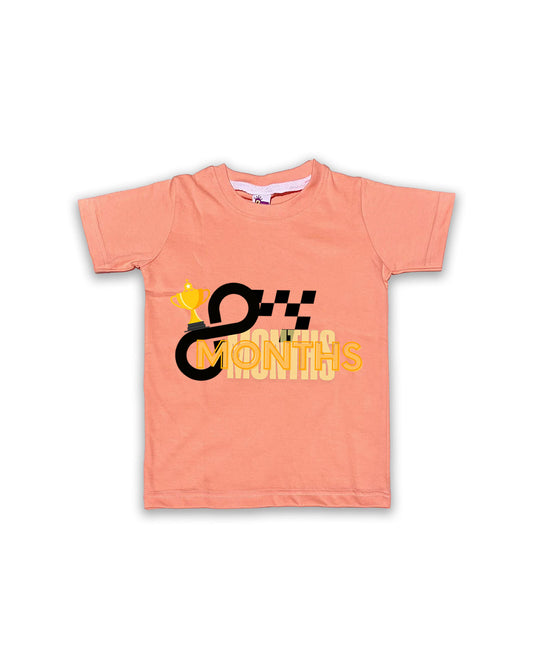 Newborn Half-Sleeve Peach Tees - 8 Months Milestone Tees with Racing Trophy & Checkered Flag Design - Soft Cotton Baby Tees NPT0199
