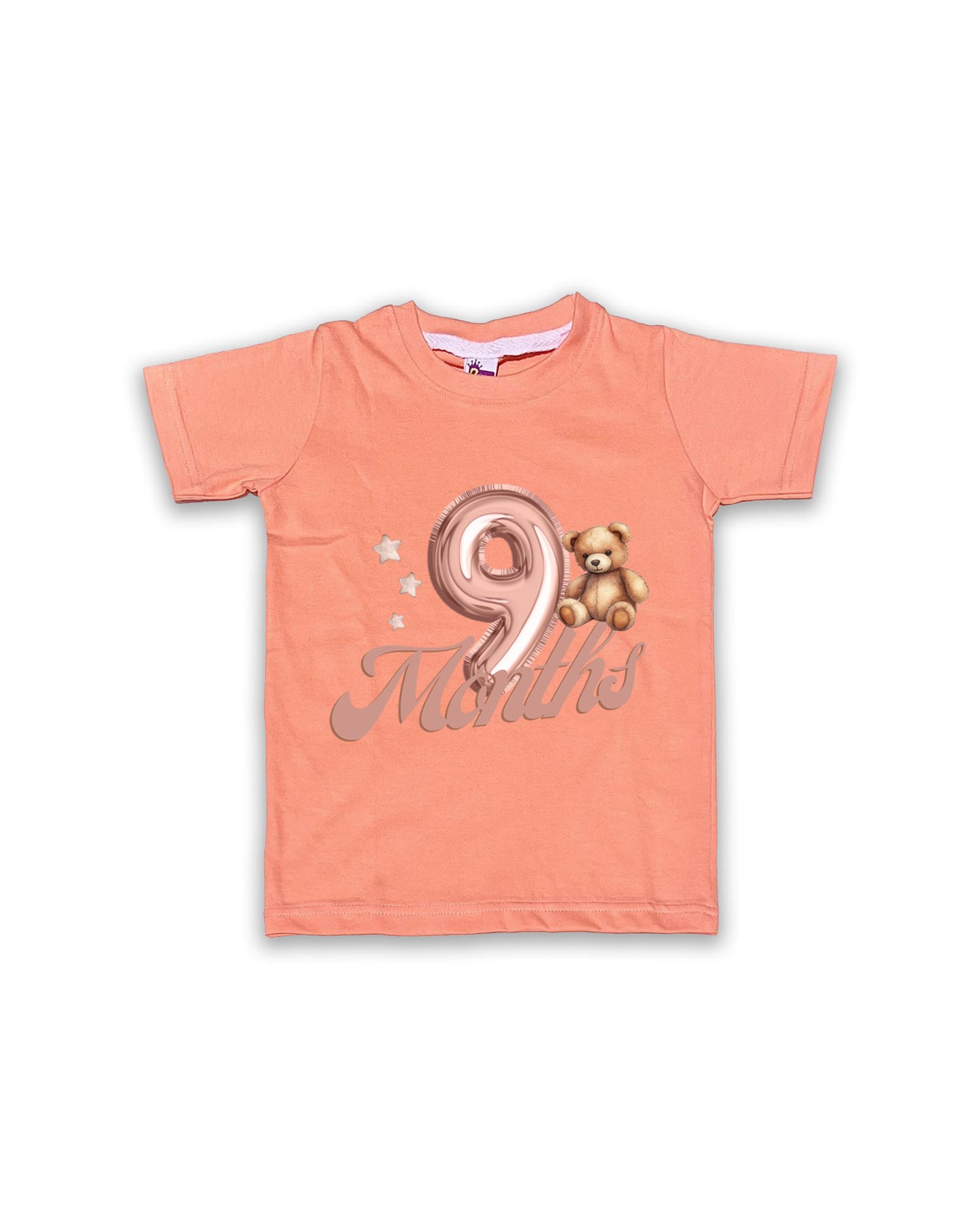 Newborn Half-Sleeve Peach Tees - 9 Months Milestone Tees with Balloon Number & Teddy Bear Design - Soft Cotton Baby Tees NPT0210