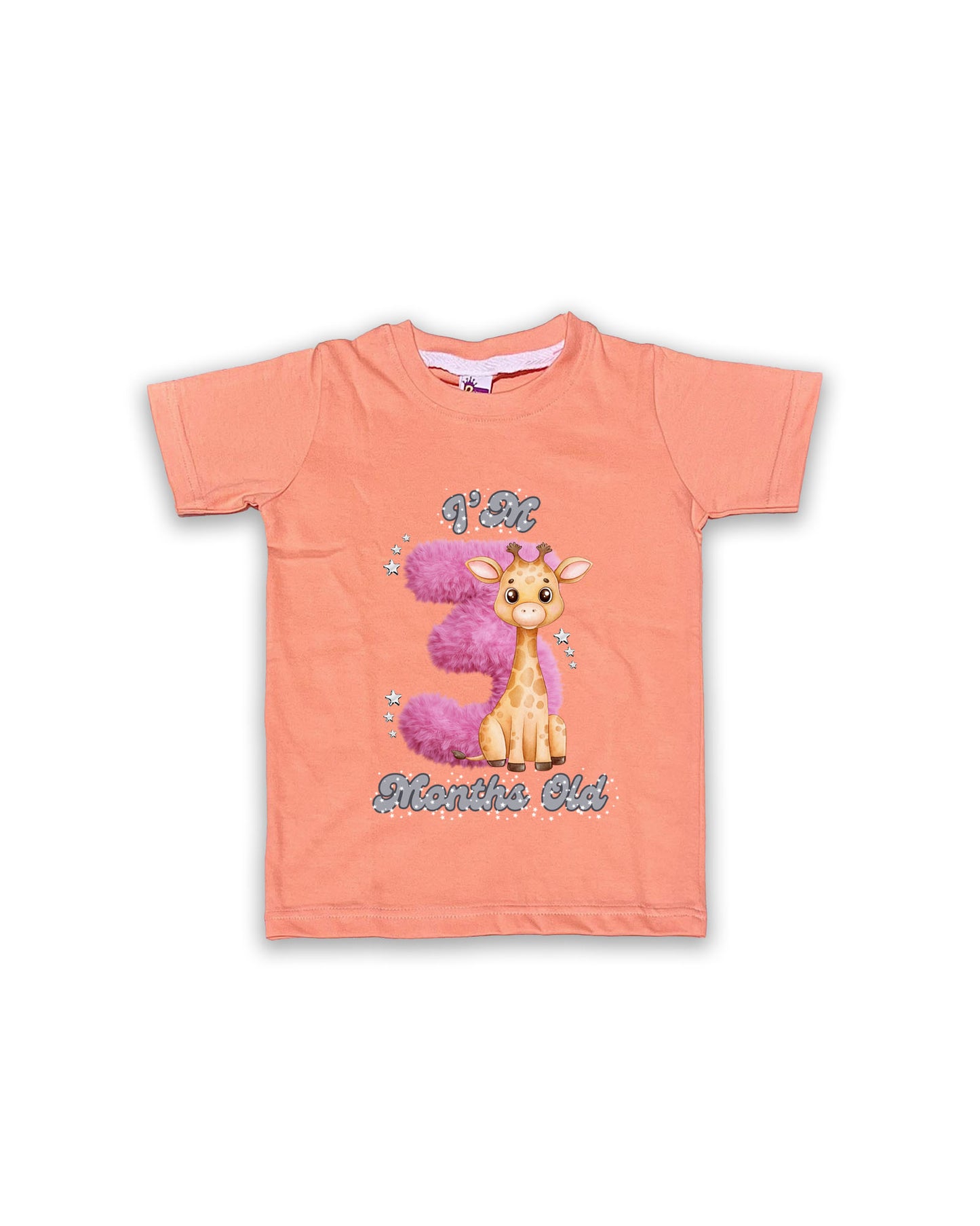 Newborn Peach Tees "I’m 3 Months Old" – Soft Cotton | Pink 3 with Giraffe Print | Short Sleeve Milestone Outfit NPT069