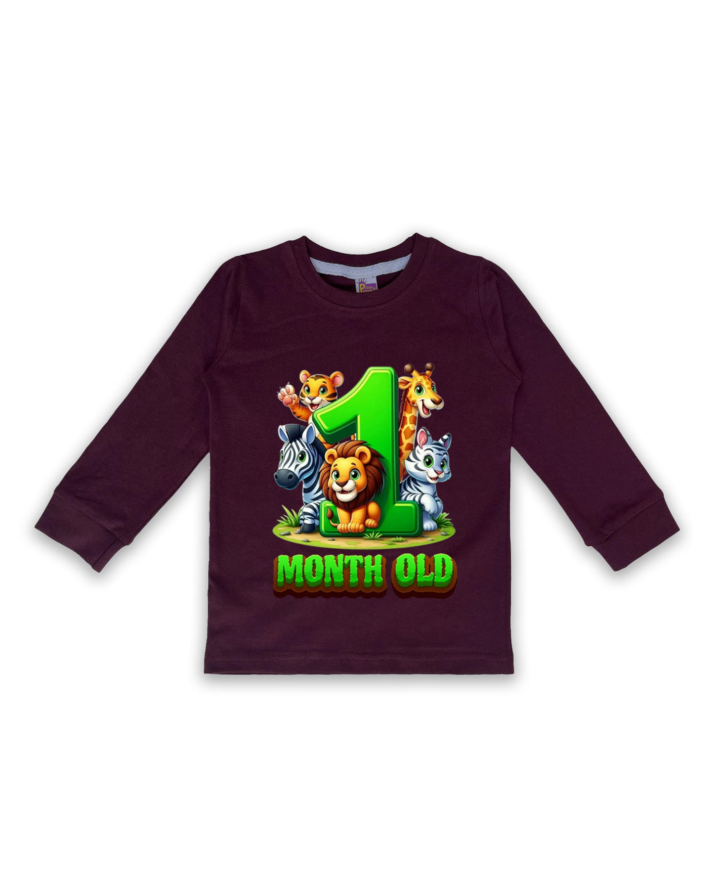 Newborn Wine Full Sleeve "1 Month Old" Birthday Tees – Soft Cotton | Jungle Animal Print | Milestone Outfit NPT002