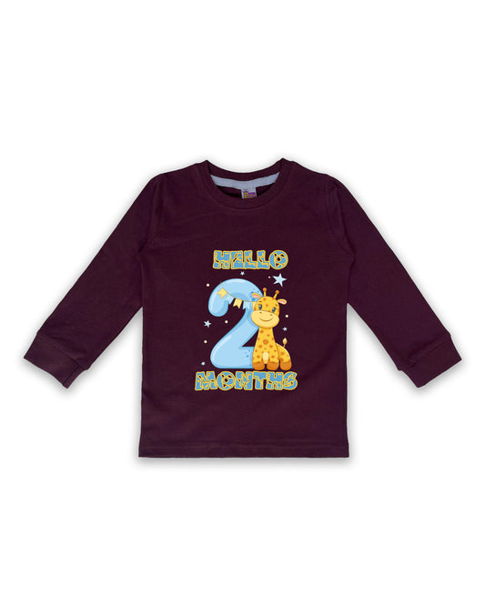 Newborn Wine Full Sleeve "Hello 2 Months" Milestone Tees – Soft Cotton | Cute Giraffe Design | Milestone Outfit NPT018