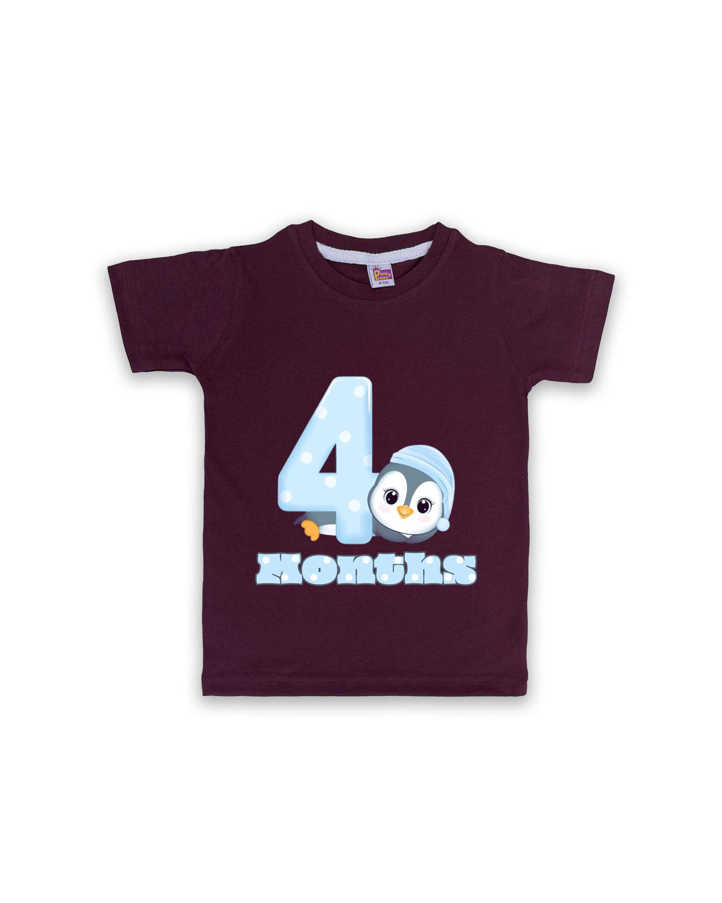 Newborn Half-Sleeve Wine Tees - 4 Months Milestone Tees with Adorable Penguin Design - Soft Cotton Baby Vest NPT0159
