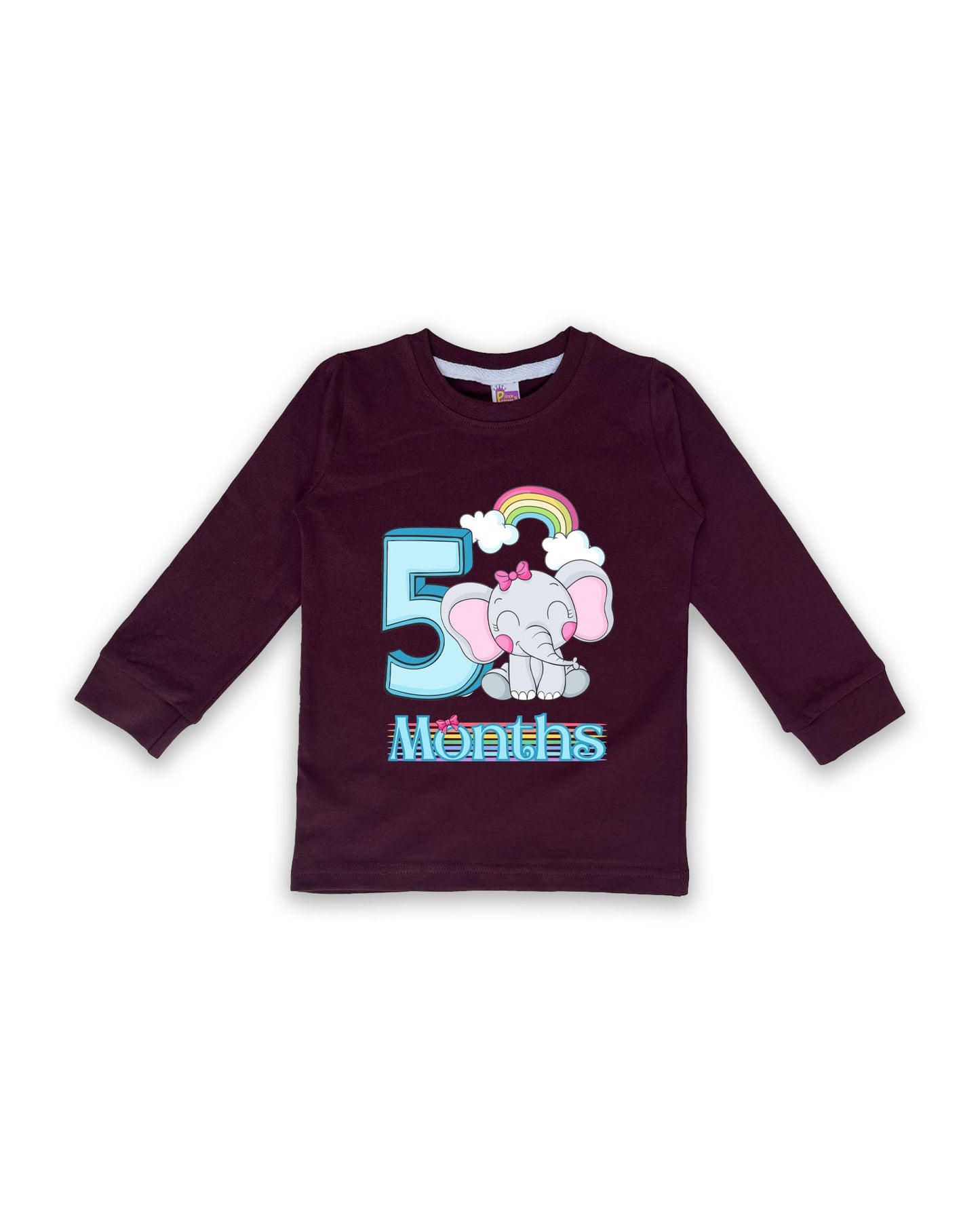 Newborn Full-Sleeve Wine  Tees - 5 Months Milestone Tees with Adorable Elephant & Rainbow Design - Soft Cotton Baby Tees NPT0233