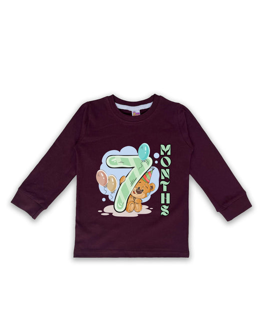 Newborn Full-Sleeve Wine Tees - 7 Months Milestone Tees with Party Bear & Balloons Design - Soft Cotton Baby Tees NPT0255