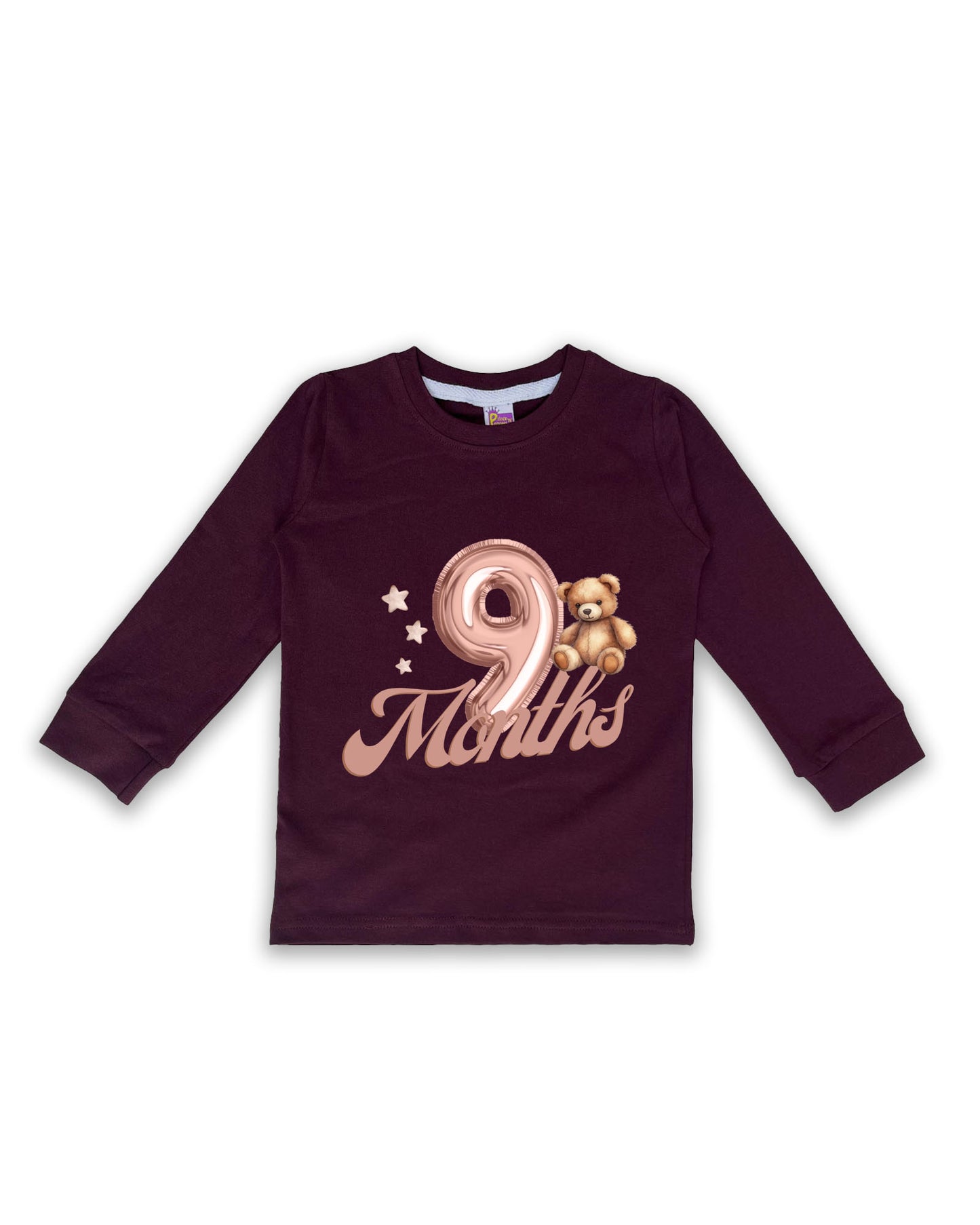 Newborn Full-Sleeve Wine Tees - 9 Months Milestone Tees with Balloon Number & Teddy Bear Design - Soft Cotton Baby Tees NPT0275