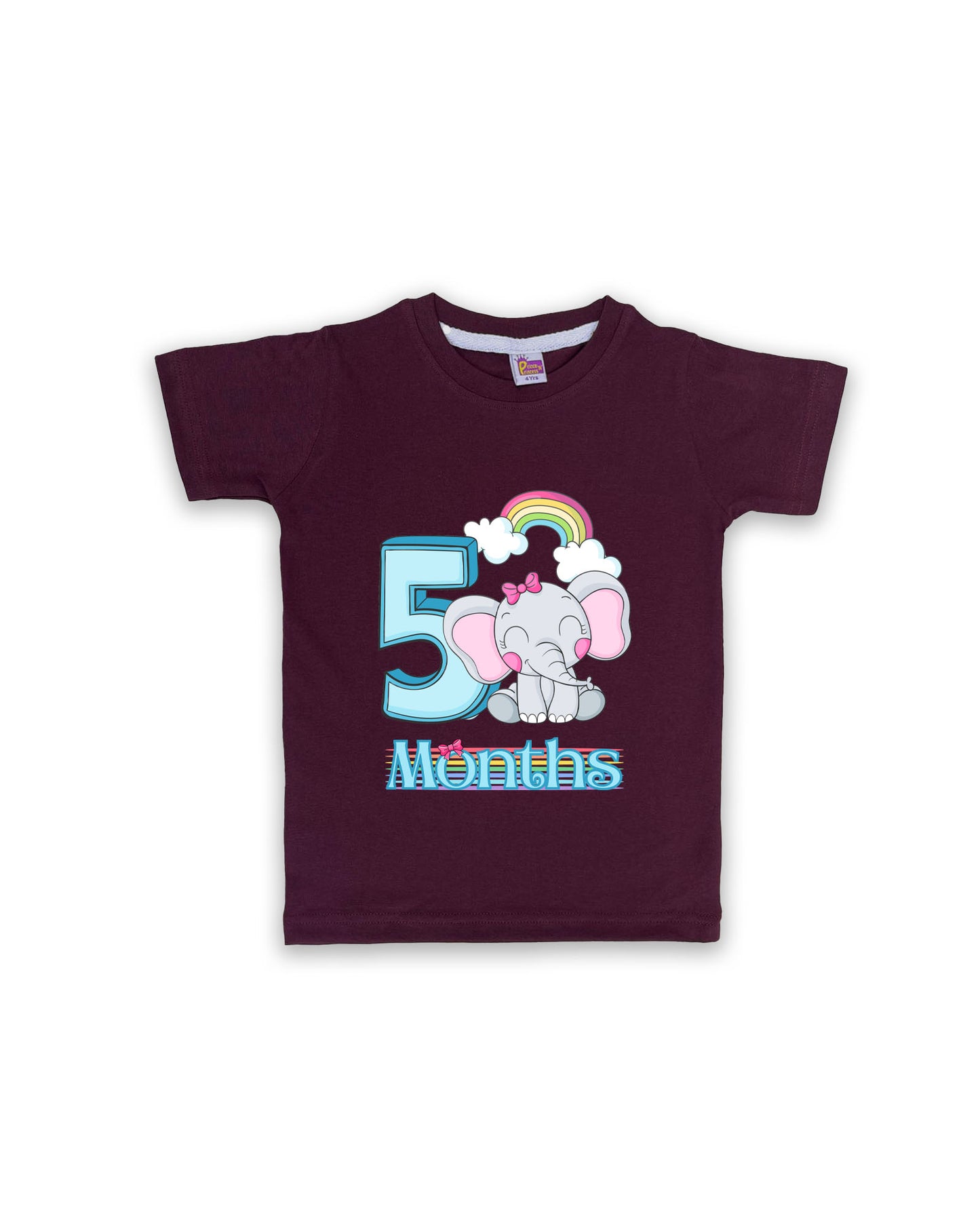 Newborn Half-Sleeve Wine Tees - 5 Months Milestone Tees with Adorable Elephant & Rainbow Design - Soft Cotton Baby tees NPT0169