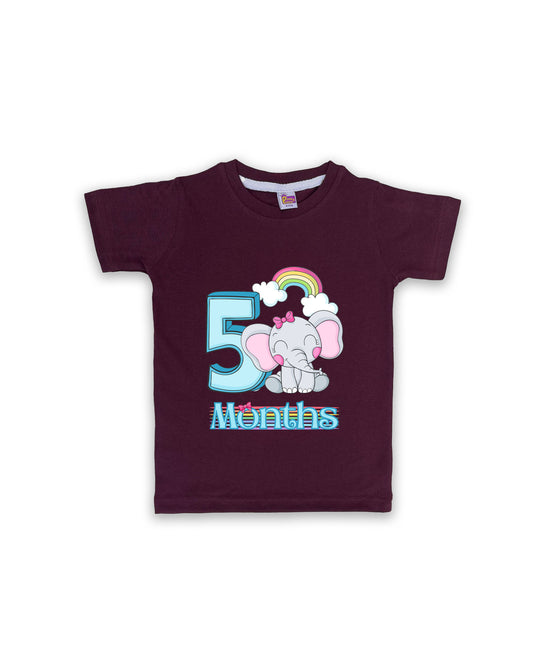 Newborn Half-Sleeve Wine Tees - 5 Months Milestone Tees with Adorable Elephant & Rainbow Design - Soft Cotton Baby tees NPT0169