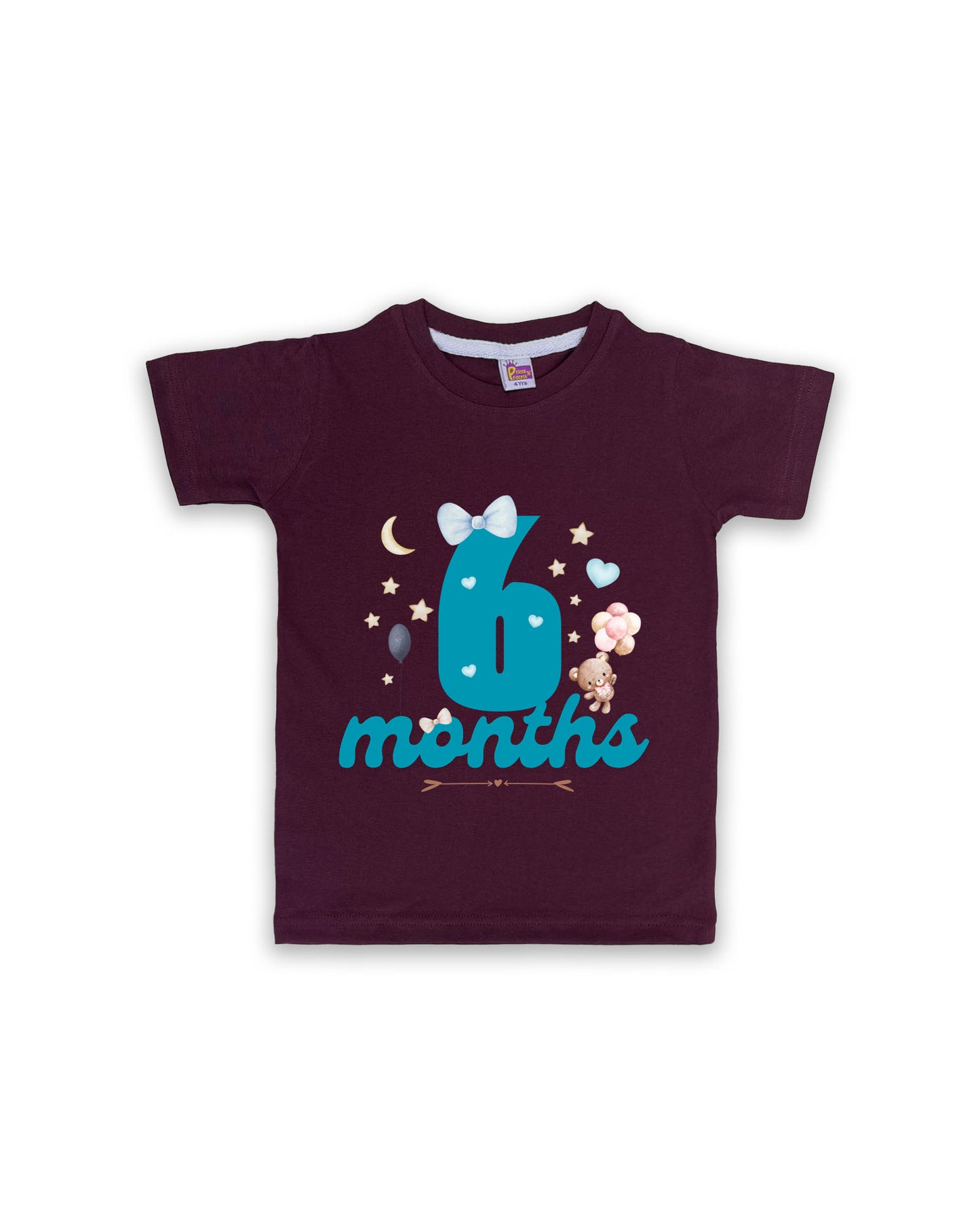Newborn Half-Sleeve Wine Tees - 6 Months Milestone Tees with Teddy Bear & Balloon Design - Soft Cotton Baby Tees NPT0180