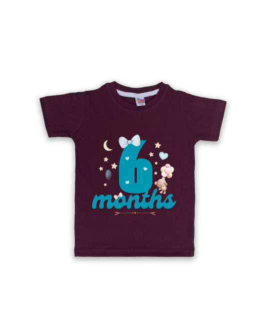 Newborn Half-Sleeve Wine Tees - 6 Months Milestone Tees with Teddy Bear & Balloon Design - Soft Cotton Baby Tees NPT0180