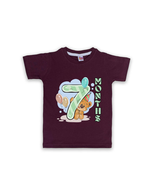 Newborn Half-Sleeve Wine Tees - 7 Months Milestone Tees with Party Bear & Balloons Design - Soft Cotton Baby Tees NPT0191
