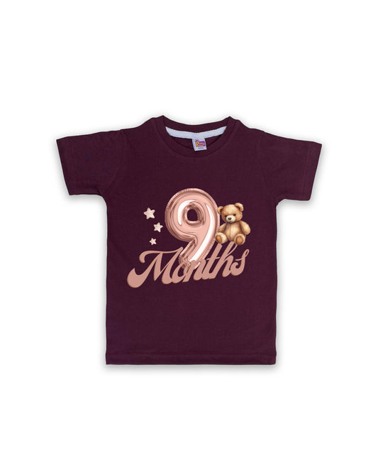 Newborn Half-Sleeve Wine Tees - 9 Months Milestone Tees with Balloon Number & Teddy Bear Design - Soft Cotton Baby Tees NPT0211