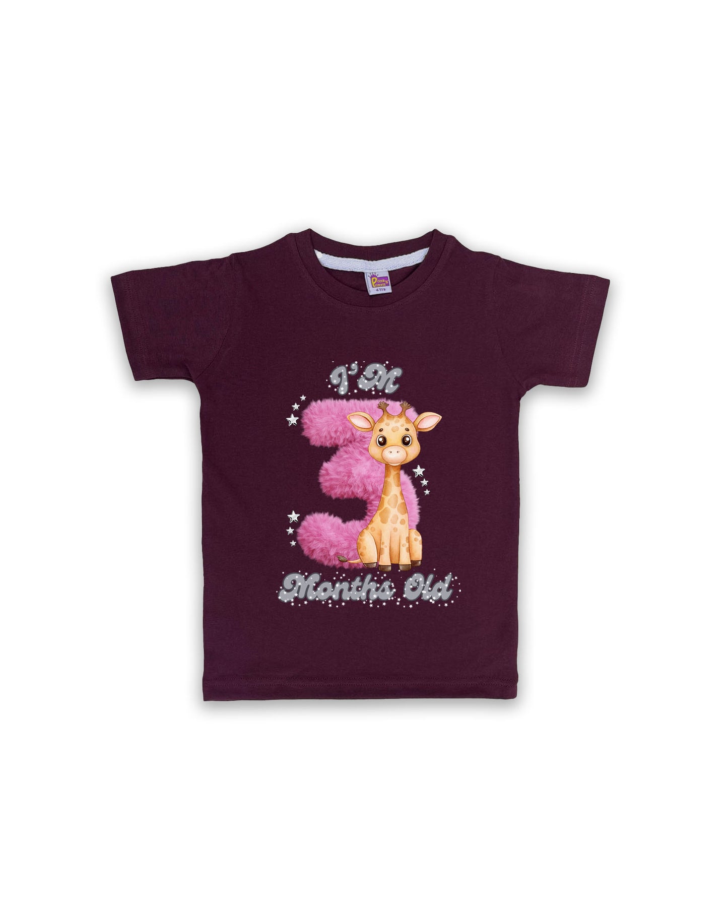 Newborn Wine Tees "I’m 3 Months Old" – Soft Cotton | Pink 3 with Giraffe Print | Short Sleeve Milestone Outfit NPT070