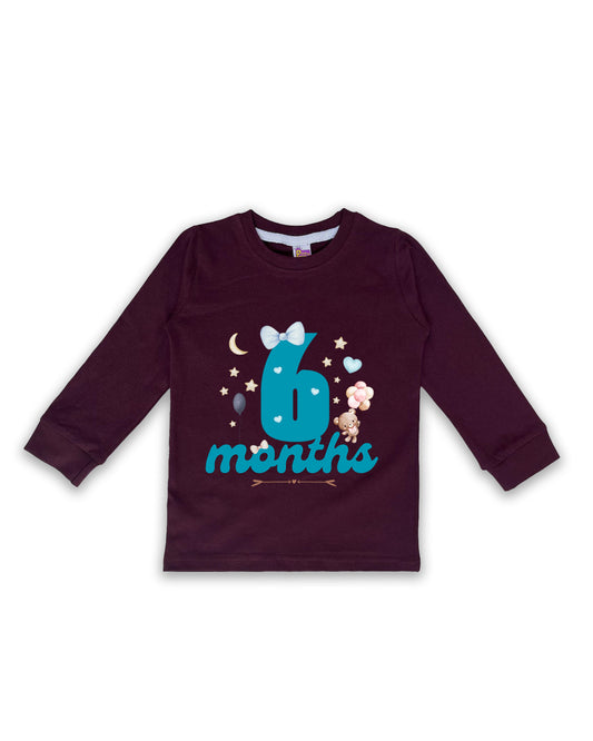 Newborn Full-Sleeve Wine Tees - 6 Months Milestone Tees with Teddy Bear & Balloon Design - Soft Cotton Baby NPT0244