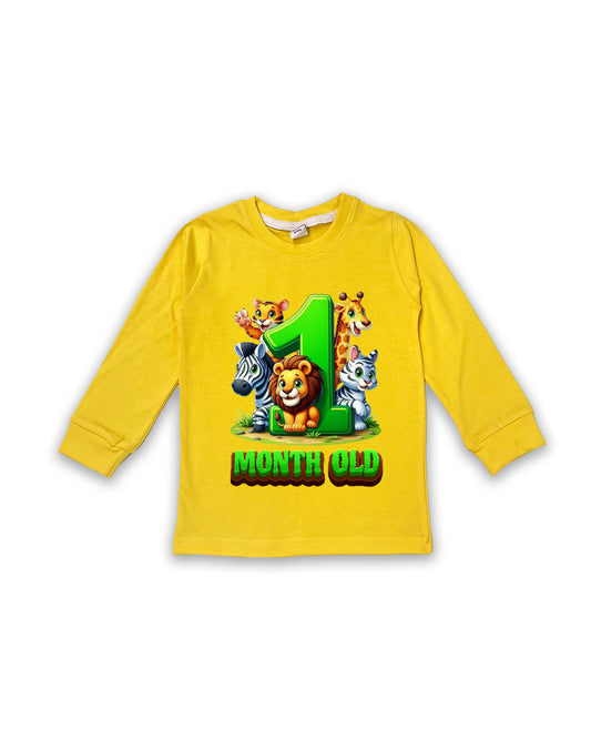 Newborn Yellow Full Sleeve "1 Month Old" Birthday Tees – Soft Cotton | Jungle Animal Print | Milestone Outfit NPT001