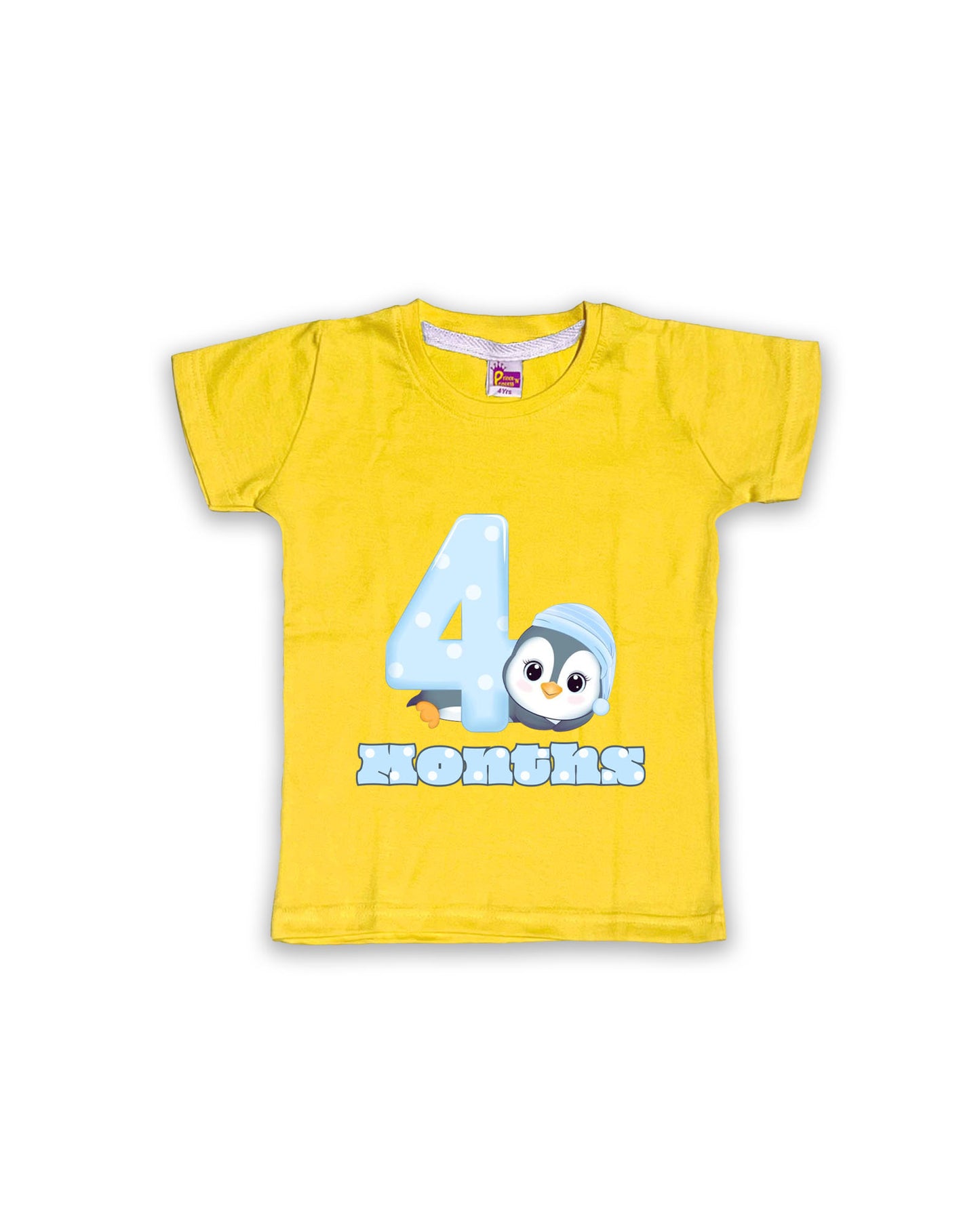 Newborn Half-Sleeve Yellow Tees - 4 Months Milestone Tees with Adorable Penguin Design - Soft Cotton Baby Vest NPT0160
