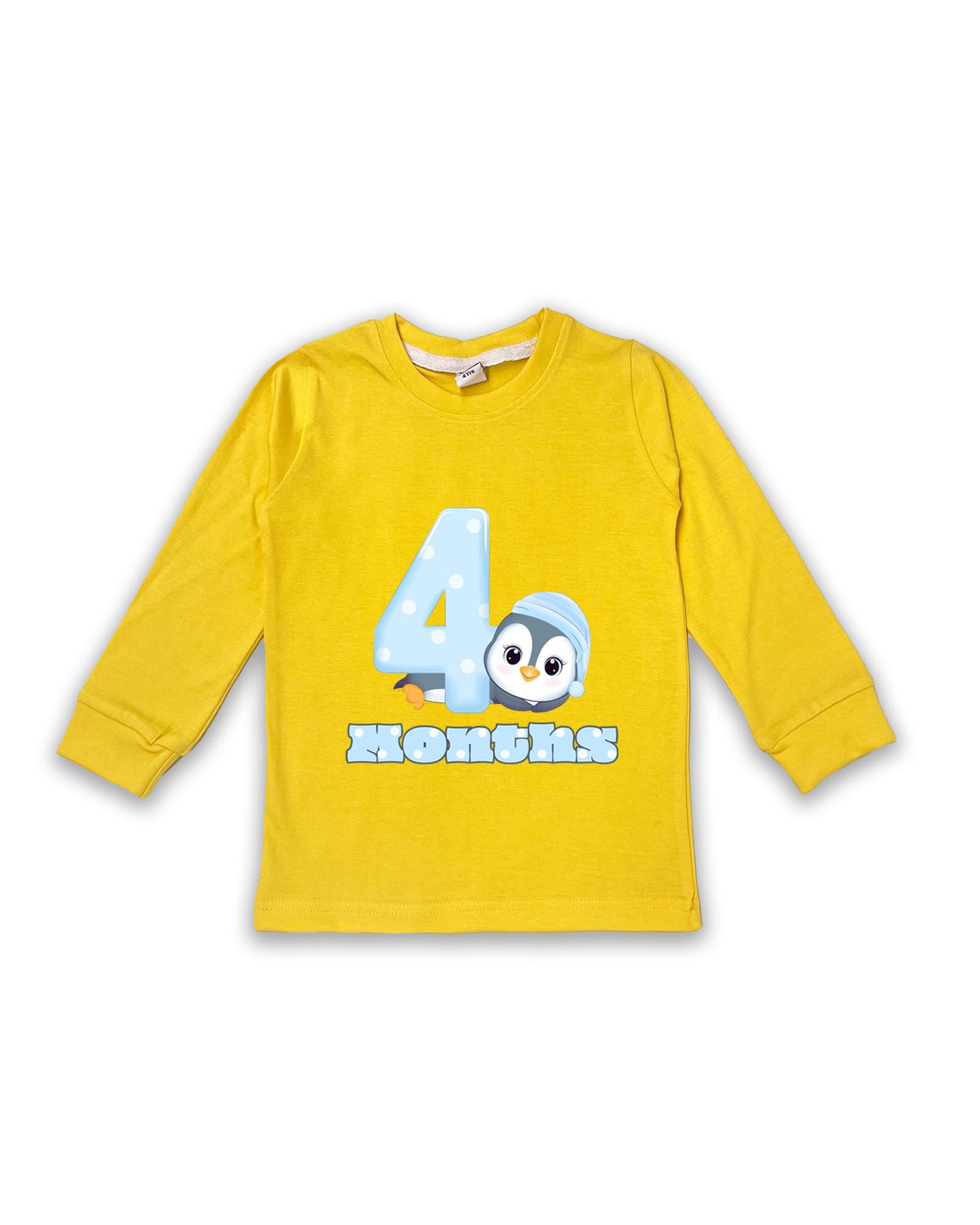 Newborn Full-Sleeve Yellow Tees - 4 Months Milestone Tees with Adorable Penguin Design - Soft Cotton Baby Tees NPT0224