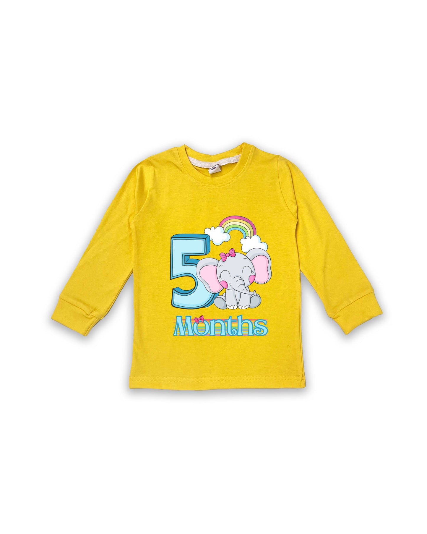 Newborn Full-Sleeve Yellow  Tees - 5 Months Milestone Tees with Adorable Elephant & Rainbow Design - Soft Cotton Baby Tees NPT0234
