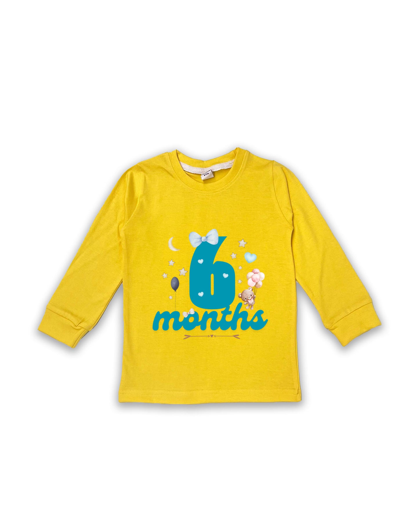 Newborn Full-Sleeve Yellow Tees - 6 Months Milestone Tees with Teddy Bear & Balloon Design - Soft Cotton Baby NPT0245