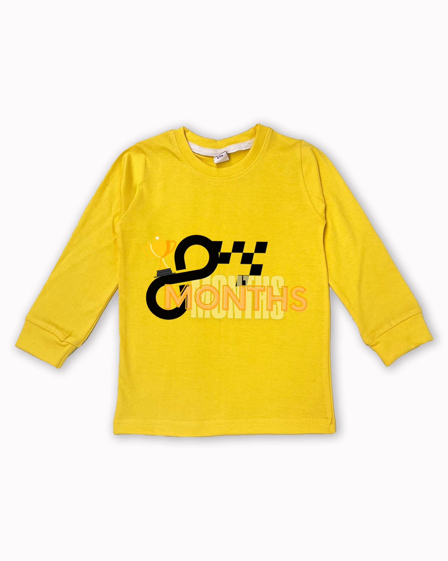 Newborn Full-Sleeve Yellow Tees - 8 Months Milestone Tees with Racing Trophy & Checkered Flag Design - Soft Cotton Baby Tees NPT0264