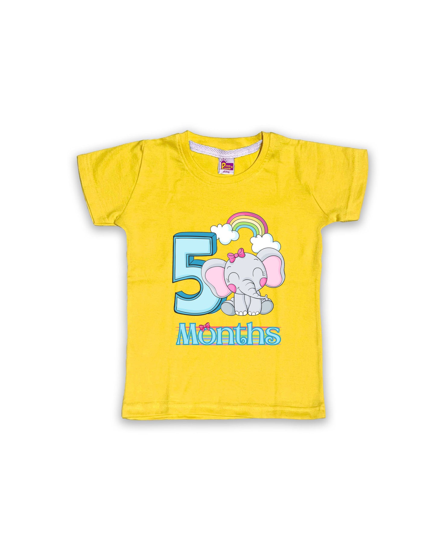 Newborn Half-Sleeve Yellow Tees - 5 Months Milestone Tees with Adorable Elephant & Rainbow Design - Soft Cotton Baby tees NPT0170
