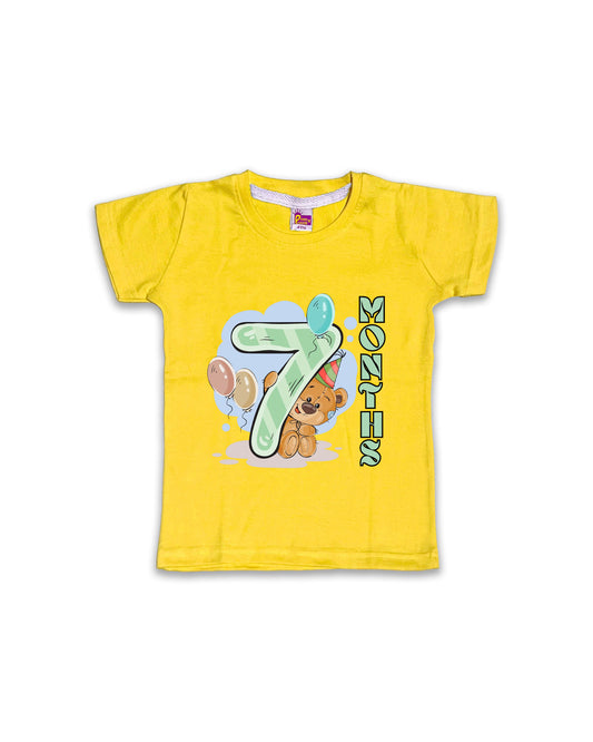 Newborn Half-Sleeve Yellow Tees - 7 Months Milestone Tees with Party Bear & Balloons Design - Soft Cotton Baby Tees NPT0192