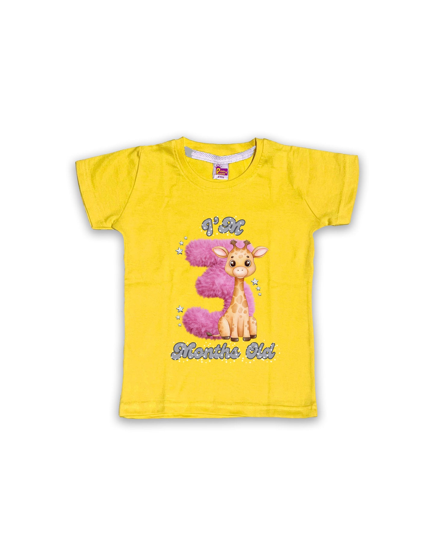 Newborn Yellow Tees "I’m 3 Months Old" – Soft Cotton | Pink 3 with Giraffe Print | Short Sleeve Milestone Outfit NPT071
