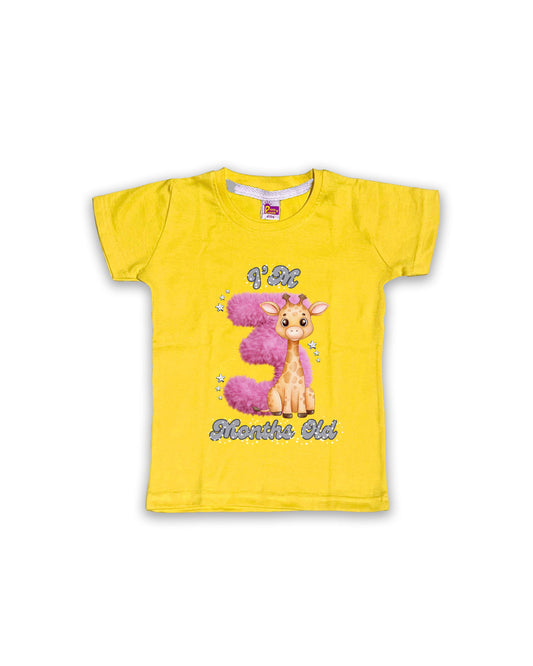 Newborn Yellow Tees "I’m 3 Months Old" – Soft Cotton | Pink 3 with Giraffe Print | Short Sleeve Milestone Outfit NPT071