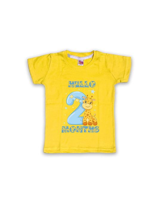 Newborn Yellow Tees "Hello 2 Months" – Soft Cotton | Giraffe & Stars Milestone Outfit | Short Sleeve Baby Tees NPT059