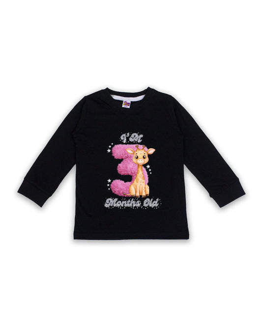 Newborn Black Full Sleeve "I’m 3 Months Old" Milestone Tees – Soft Cotton | Pink 3 with Giraffe Print | Milestone Outfit NPT023