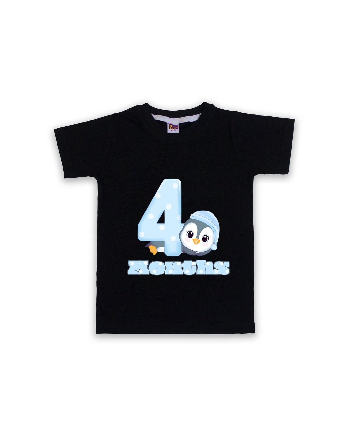 Newborn Half-Sleeve Black Tees - 4 Months Milestone Tees with Adorable Penguin Design - Soft Cotton Baby Vest NPT0149