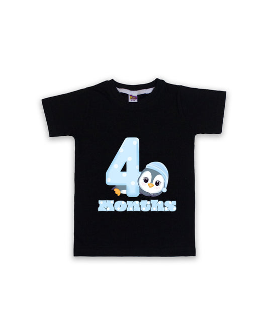 Newborn Half-Sleeve Black Tees - 4 Months Milestone Tees with Adorable Penguin Design - Soft Cotton Baby Vest NPT0149
