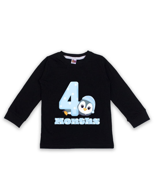 Newborn Full-Sleeve Black Tees - 4 Months Milestone Tees with Adorable Penguin Design - Soft Cotton Baby Tees NPT0213