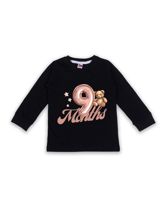 Newborn Full-Sleeve Black Tees - 9 Months Milestone Tees with Balloon Number & Teddy Bear Design - Soft Cotton Baby Tees NPT0265