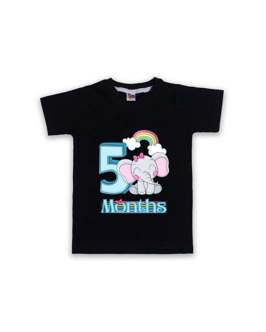 Newborn Half-Sleeve Black Tees - 5 Months Milestone Tees with Adorable Elephant & Rainbow Design - Soft Cotton Baby tees NPT0161