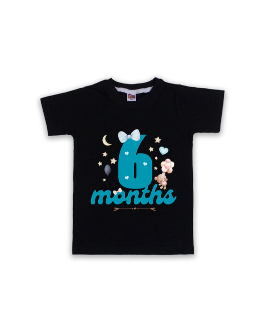 Newborn Half-Sleeve Black Tees - 6 Months Milestone Tees with Teddy Bear & Balloon Design - Soft Cotton Baby Tees NPT0171
