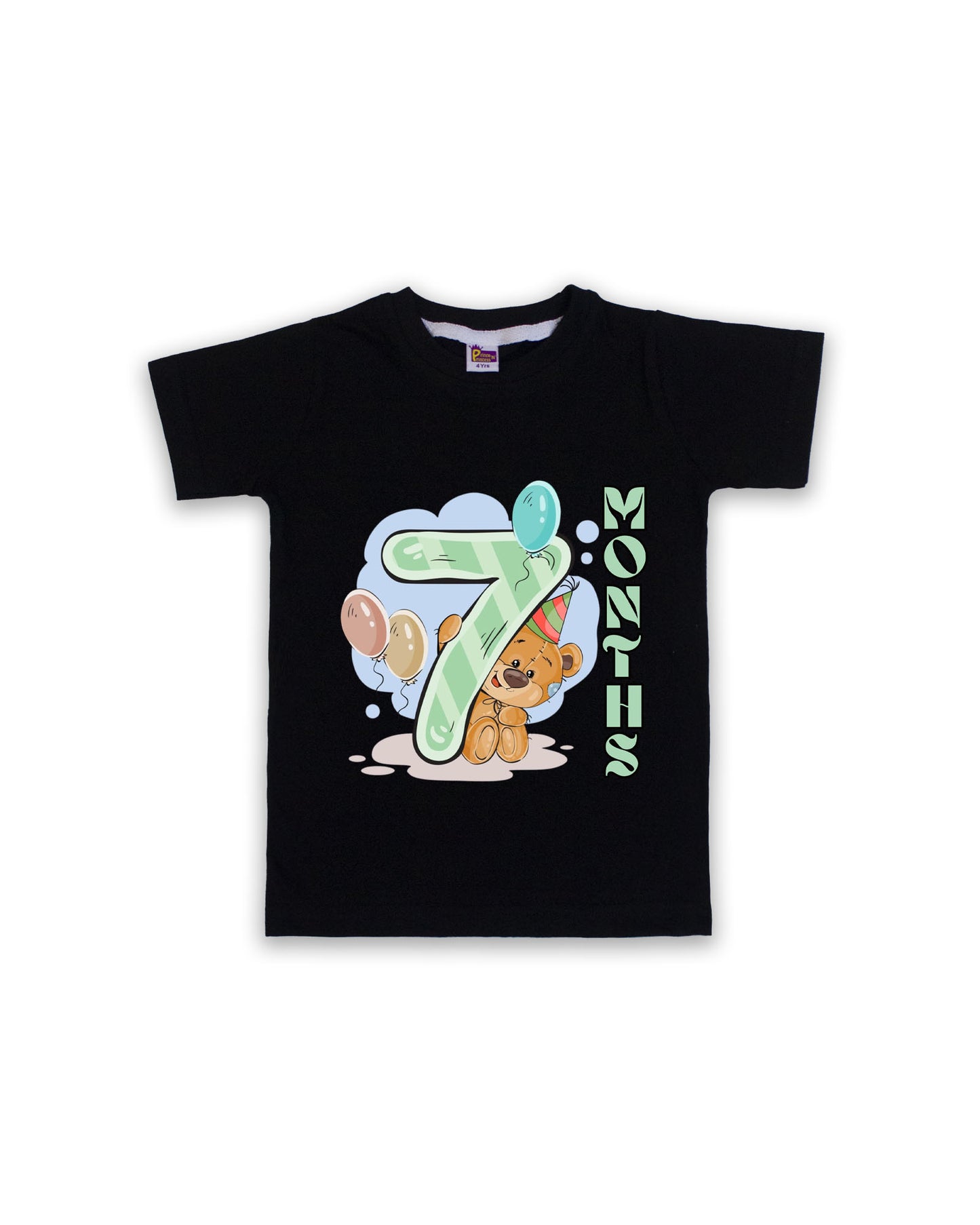 Newborn Half-Sleeve Black Tees - 7 Months Milestone Tees with Party Bear & Balloons Design - Soft Cotton Baby Tees NPT0182