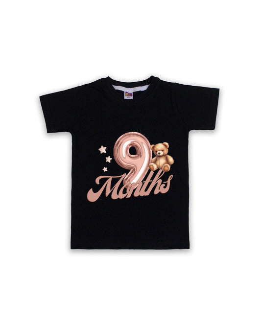 Newborn Half-Sleeve Black Tees - 9 Months Milestone Tees with Balloon Number & Teddy Bear Design - Soft Cotton Baby Tees NPT0201