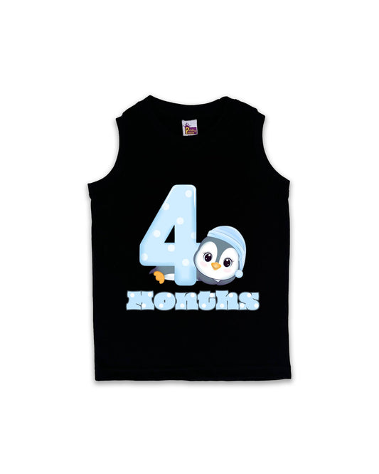 Newborn Sleeveless Black Vest - 4 Months Milestone Tee with Cute Penguin Design - Soft Cotton Baby Vest NPT108