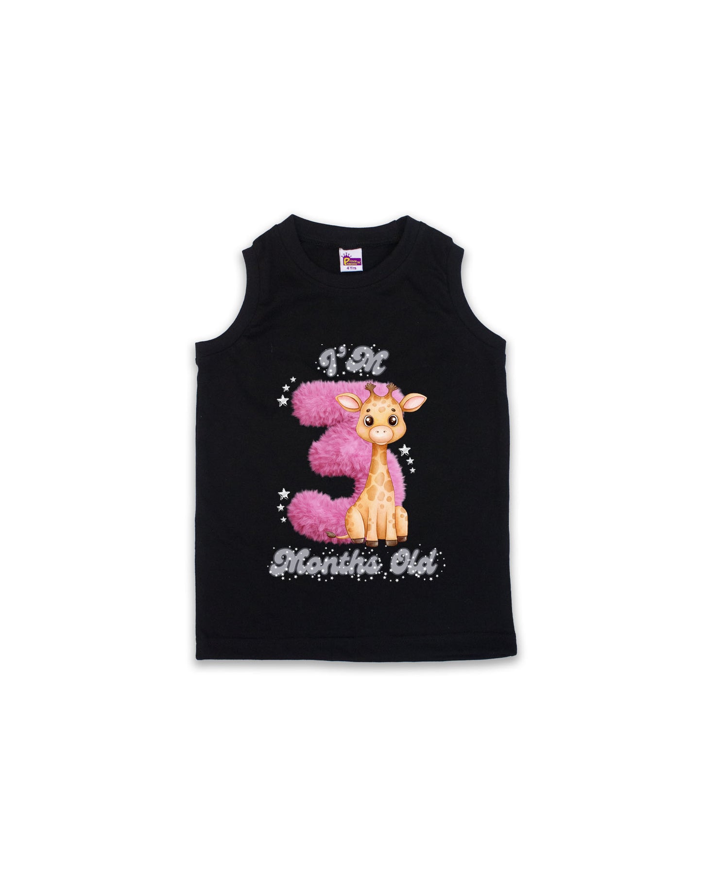 Newborn Black Sleeveless Vest "I’m 3 Months Old" – Soft Cotton | Pink 3 with Giraffe Milestone Vest for Baby Girls| NPT088