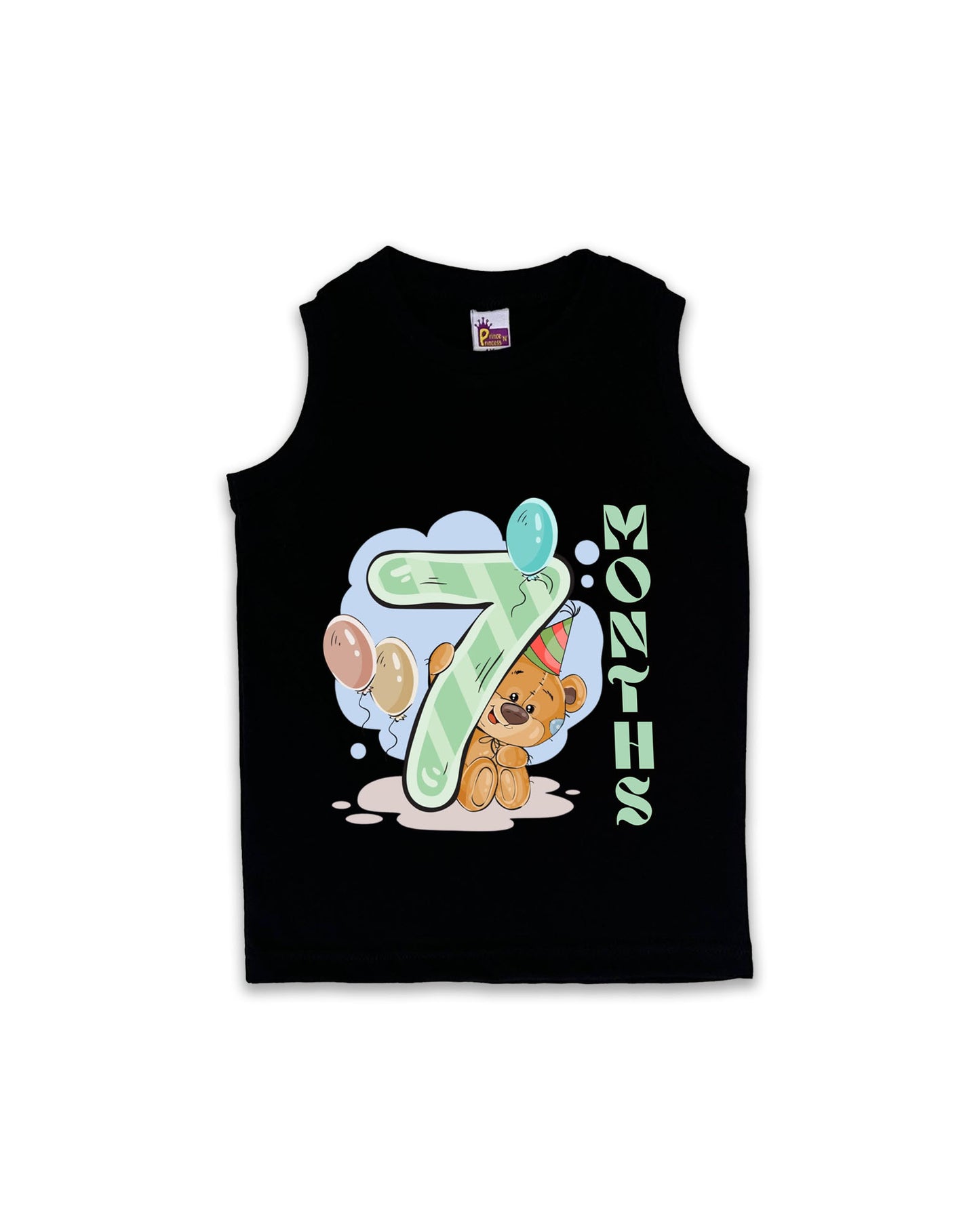 Newborn Sleeveless Black vest - 7 Months Milestone Vest with Cute Party Bear & Balloons Design - Soft Cotton Baby Vest NPT129