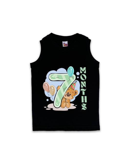 Newborn Sleeveless Black vest - 7 Months Milestone Vest with Cute Party Bear & Balloons Design - Soft Cotton Baby Vest NPT129