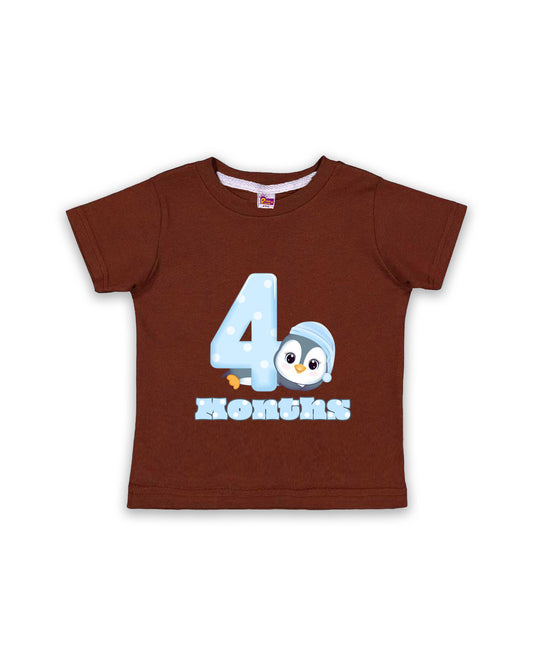 Newborn Half-Sleeve Chocolate Brown Tees - 4 Months Milestone Tees with Adorable Penguin Design - Soft Cotton Baby Vest NPT0150