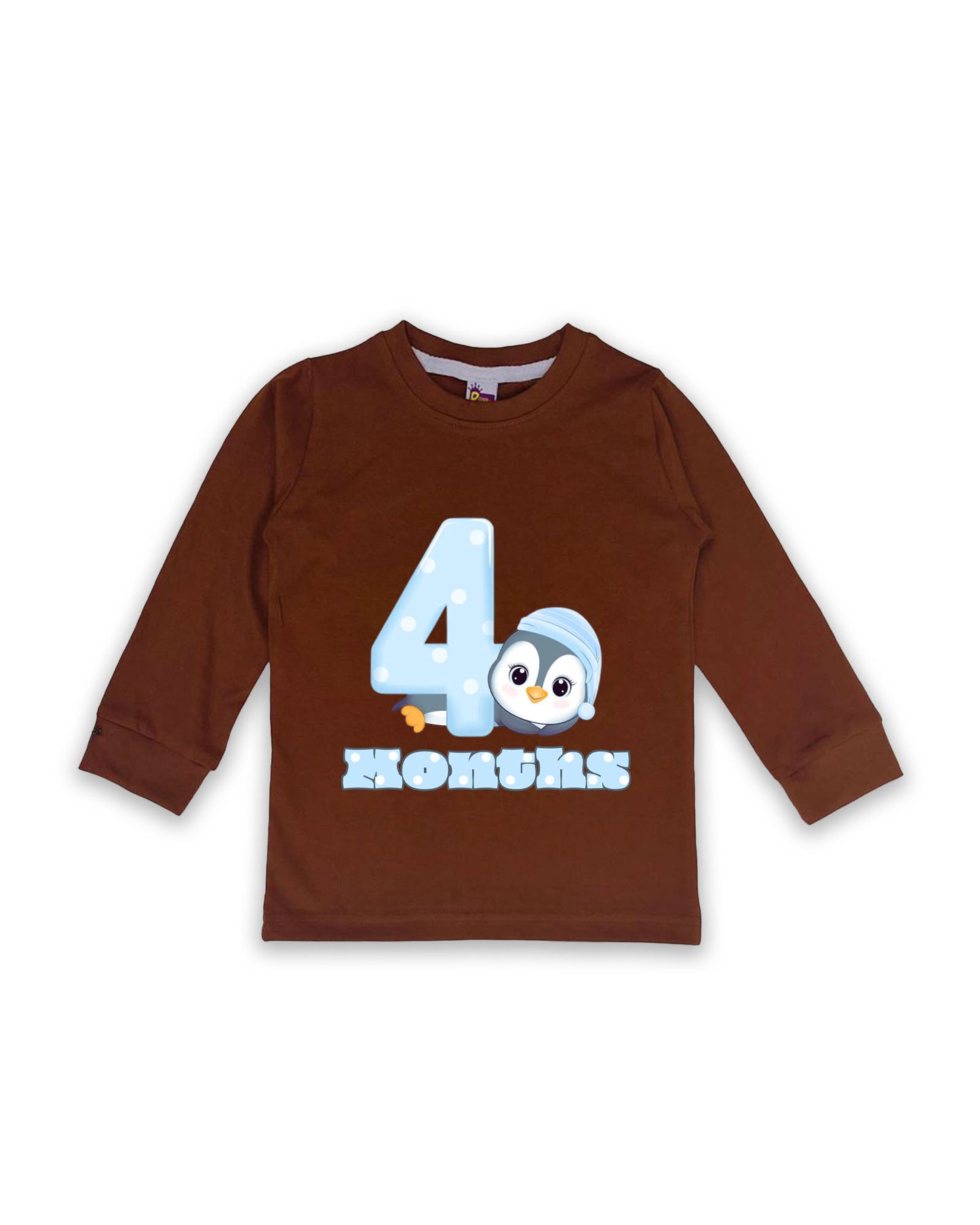 Newborn Full-Sleeve Chocolate Brown Tees - 4 Months Milestone Tees with Adorable Penguin Design - Soft Cotton Baby Tees NPT0214