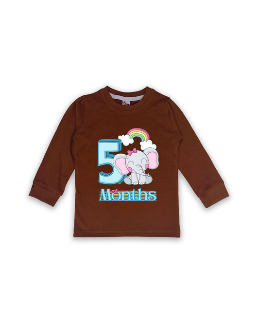Newborn Full-Sleeve Chocolate Brown Tees - 5 Months Milestone Tees with Adorable Elephant & Rainbow Design - Soft Cotton Baby Tees NPT0226