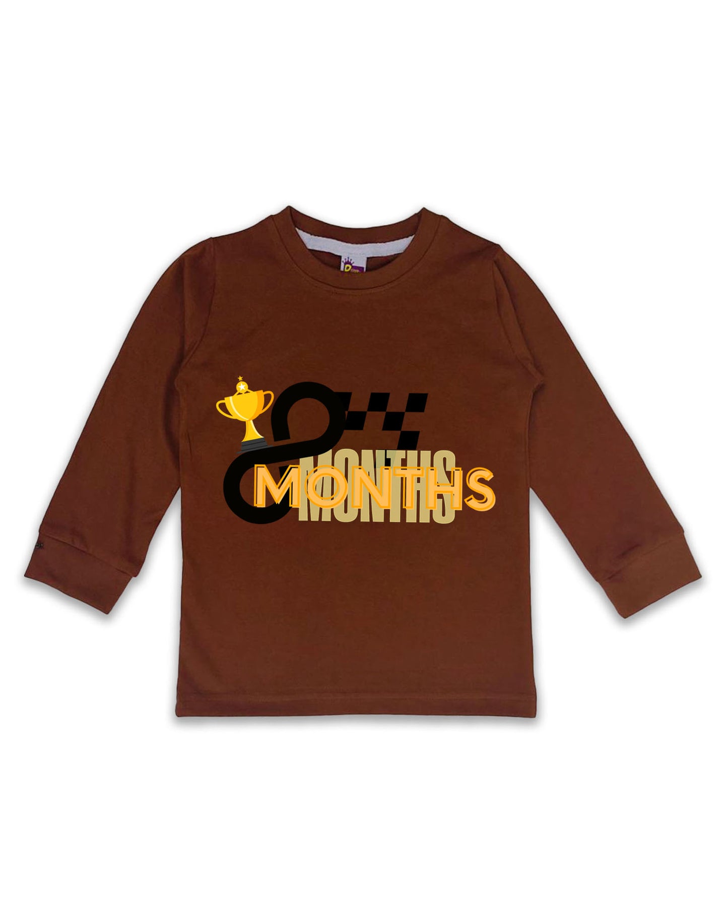 Newborn Full-Sleeve Brown Tees - 8 Months Milestone Tees with Racing Trophy & Checkered Flag Design - Soft Cotton Baby Tees NPT0257