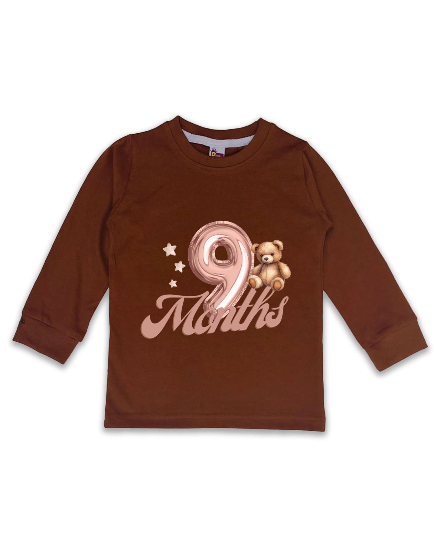 Newborn Full-Sleeve Chocolate Brown Tees - 9 Months Milestone Tees with Balloon Number & Teddy Bear Design - Soft Cotton Baby Tees NPT0266