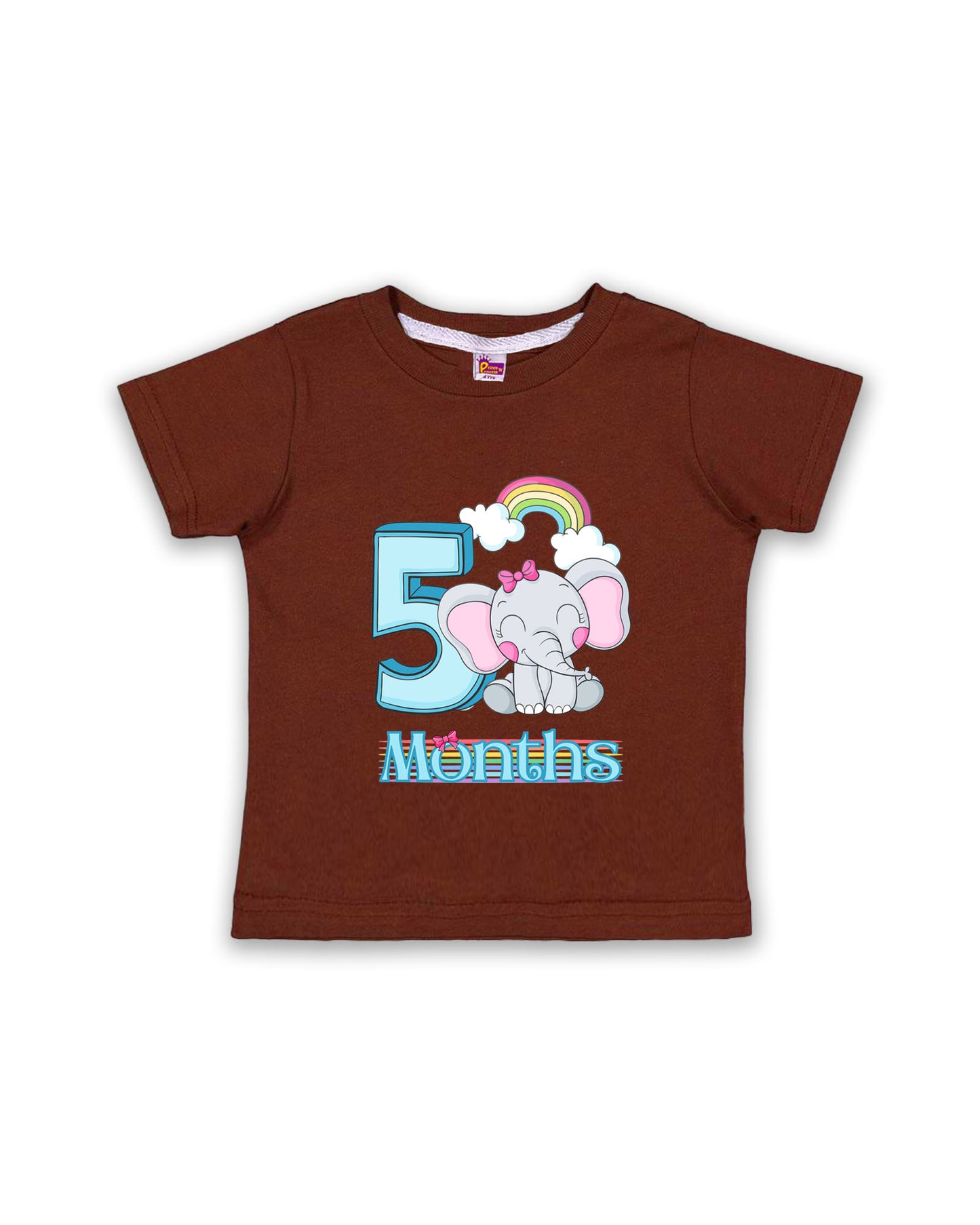 Newborn Half-Sleeve Chocolate Brown Tees - 5 Months Milestone Tees with Adorable Elephant & Rainbow Design - Soft Cotton Baby tees NPT0162