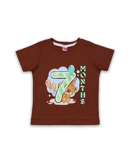 Newborn Half-Sleeve Chocolate Brown Tees - 7 Months Milestone Tees with Party Bear & Balloons Design - Soft Cotton Baby Tees NPT0183
