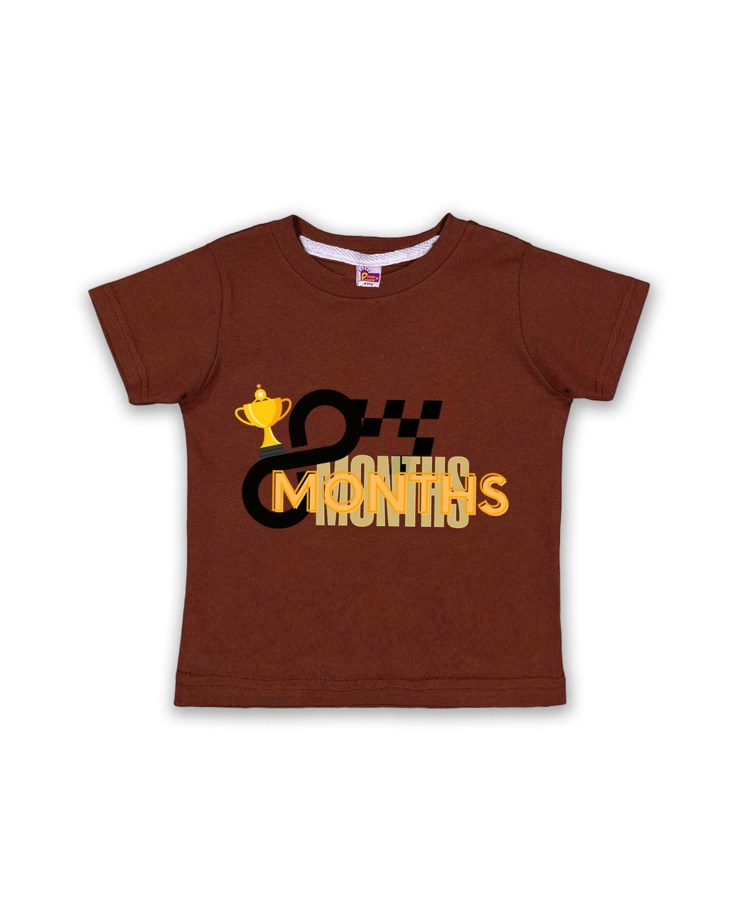 Newborn Half-Sleeve  Chocolate Brown Tees - 8 Months Milestone Tees with Racing Trophy & Checkered Flag Design - Soft Cotton Baby Tees NPT0193